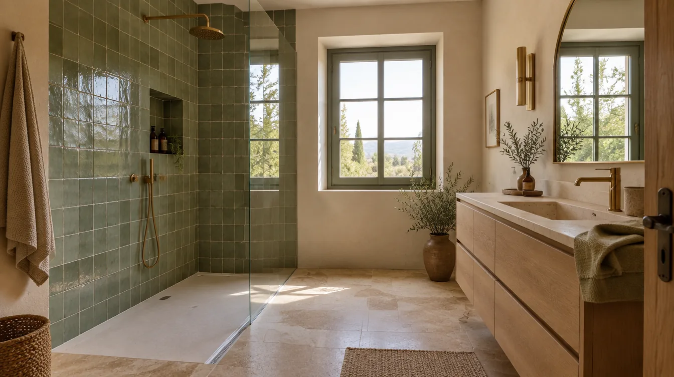Salle de bain 2026 : zellige vert sauge, sol travertin, douche à l’italienne et robinetterie laiton brossé
