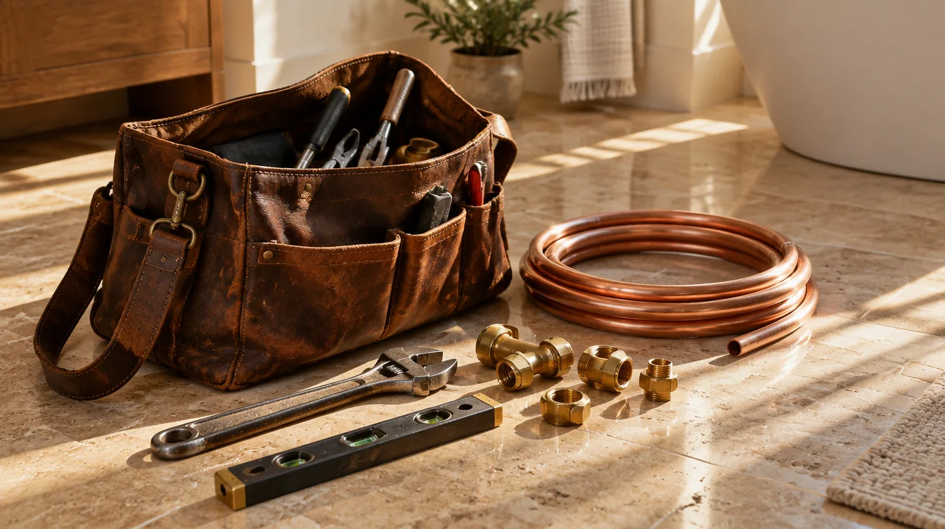 Sacoche en cuir, couronne de cuivre et raccords en laiton posés sur le sol d’une salle de bain