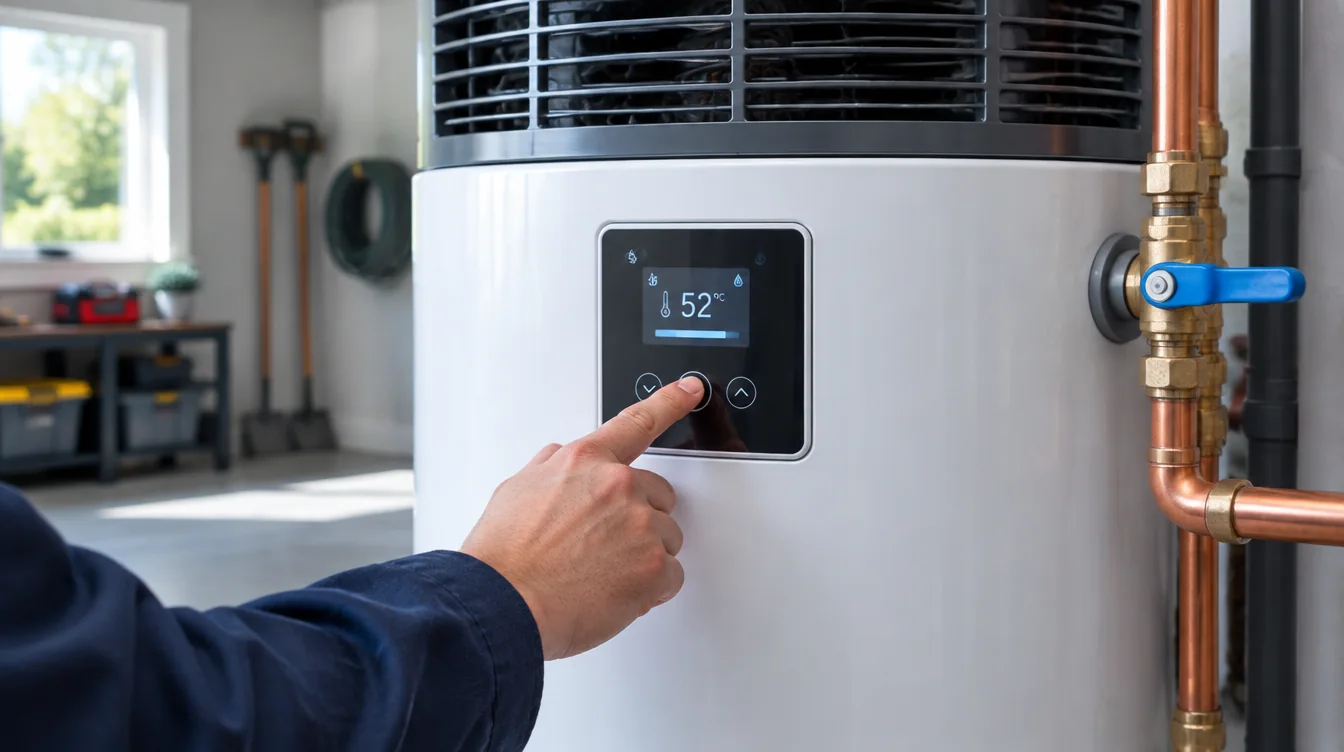 Main vérifiant l’afficheur d’un chauffe-eau thermodynamique installé dans un garage